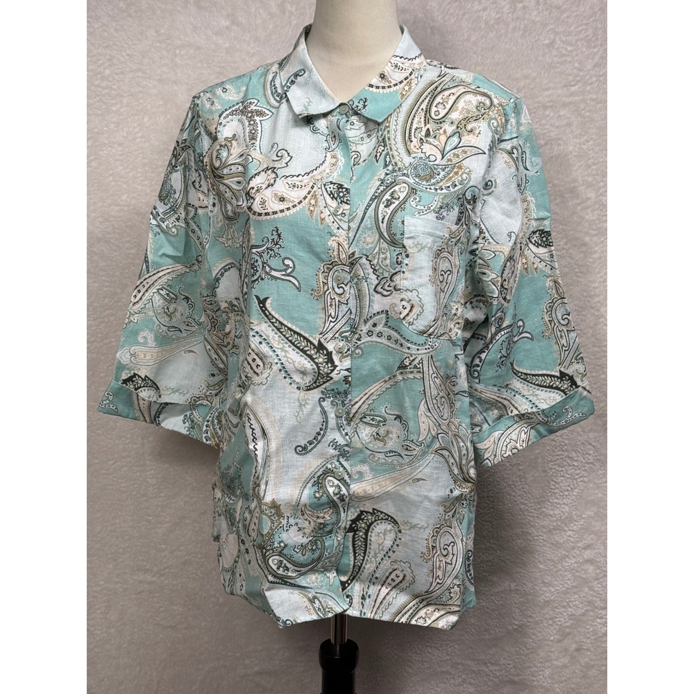 Chico's Size 3 (XL) FreshChic Paisley 100% Linen Button Down 3/4 Sleeve Top Boho